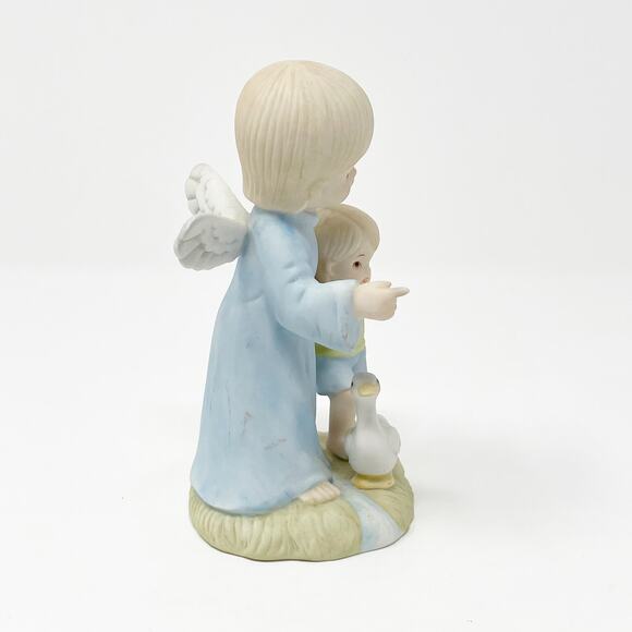 Vintage Angels Unlimited Blue Guardian Angel w Boy Duck Figurine 1985 Sanmyro - Picture 2 of 7